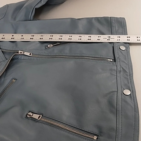 Blue Faux Leather Bomber Moto Jacket Small Silver Hardware - Picture 7 of 11